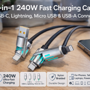 4-in-1 240W Fast Charging Cable | USB-C, Lightning, Micro USB & USB-A Connectors | Nylon Braided, Durable, Universal Multi Device Cable for Smartphones, Tablets, Laptops & Power Banks