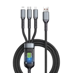 3-in-1 USB Fast Charging Cable, 5Amp |100W Power Delivery, LED Display, Braided Nylon, 1.2m Type C Cable for Smartphones, Tablets, Laptops & other Type IOS devices, 480Mbps Data Sync, Quick Charge 3.0