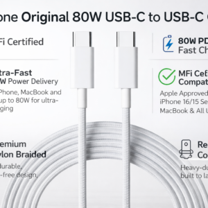 iPhone Original 80W USB-C to USB-C Nylon Braided Cable (MFi Certified) – 1 Year Warranty | Fast PD Charging | Compatible with iPhone 16/15 Series, MacBook & Type-C Devices